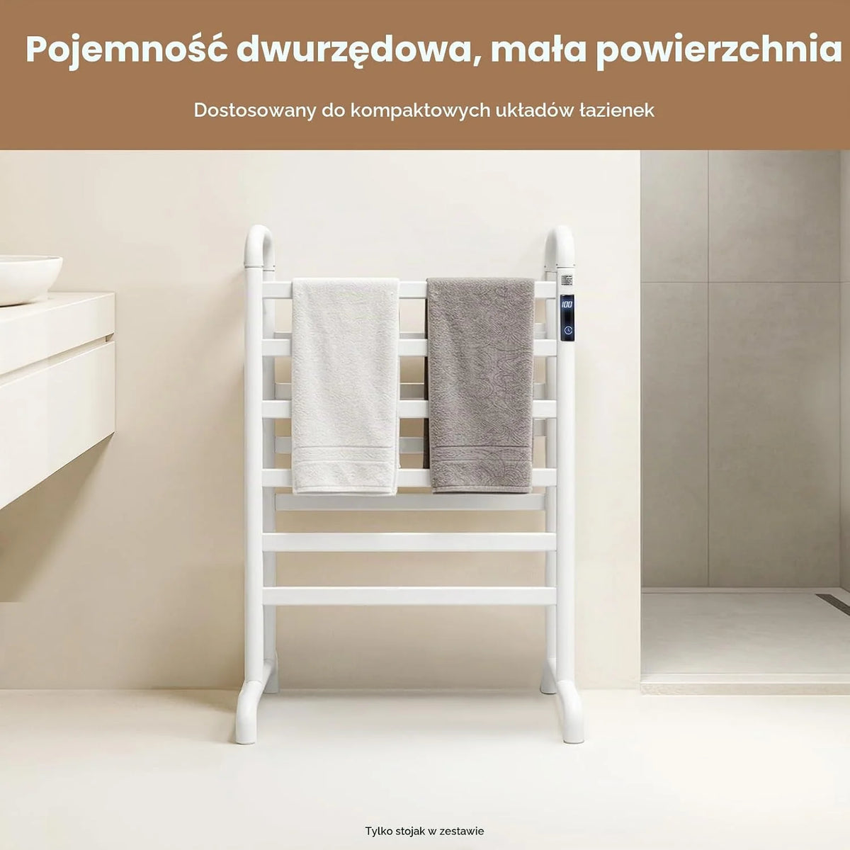 Elektryczny grzejnik na ręczniki, wieszak na ręczniki, bez wiercenia, timer 1-24 h, 45-60 °C, 180 W, biały, dwupoziomowy, wolnostojący ogrzewacz na ręczniki do łazienki do 30 kg, 60 x 43 x 90,5
