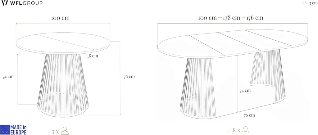Mesa de comedor redonda extensible WFL GROUP con diseño de listones estilo loft – 100 a 180 cm – Mesa industrial con patas de metal negro, ahorradora de espacio para salón o comedor – Marrón