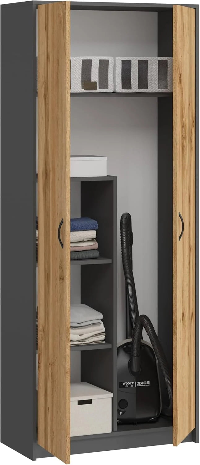 BDW - Szafa Gospodarcza - Szafka na Środki Czystości, Miotły, Odkurzacz - 74x35x180cm - Praktyczna Wielofunkcyjna Szafka do Pomieszczenia Gospodarczego - DINO Grafit/Dąb Wotan