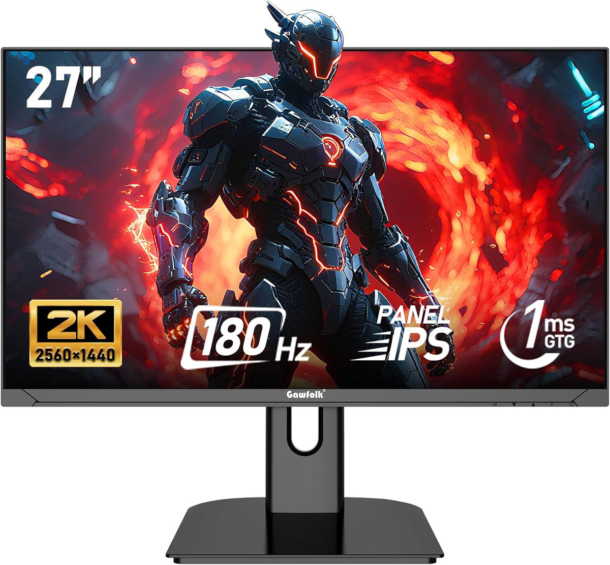 Monitor para PC Gawfolk IPS de 27 pulgadas, 2K WQHD (2560×1440P), monitor gaming de 180Hz, 1ms, sin bordes, 100% sRGB, gran angular de 178°, HDMI, DisplayPort, compatible con soportes de pared VESA 75x75mm - Negro