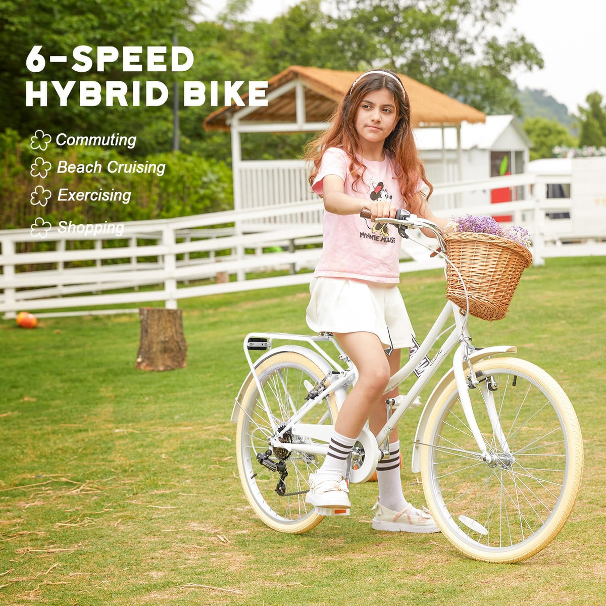 Glerc Missy 20, 24, 26 pulgadas bicicleta híbrida urbana tipo crucero para niñas, de 6 velocidades, con cesta de mimbre, para jóvenes mayores de 6 años, varios colores