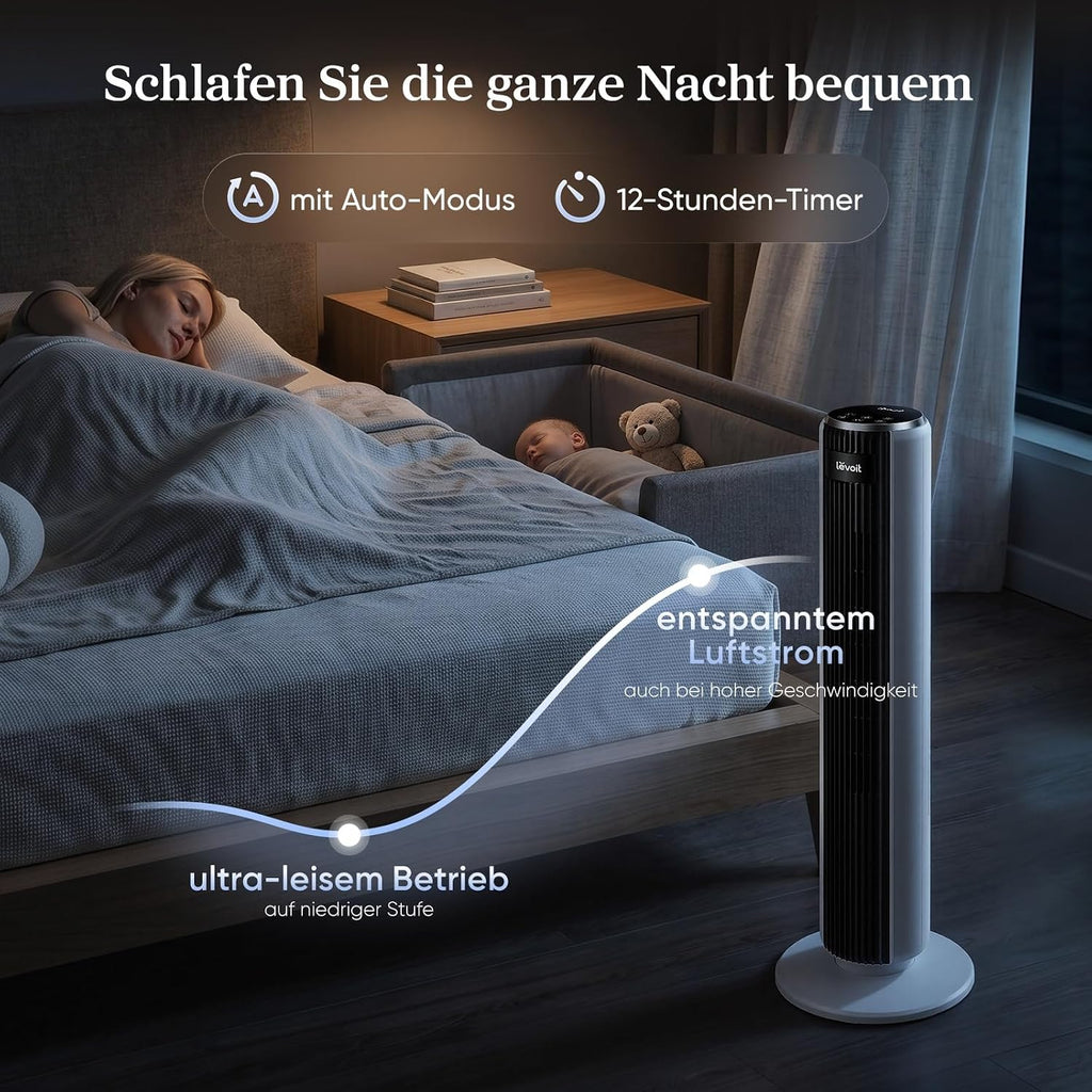 Ventilador de torre Levoit con modo de suspensión avanzado, silencioso, temporizador de 12 horas, 4 modos, 5 velocidades, modo automático con sensor, oscilación, mando a distancia, blanco, 92 cm