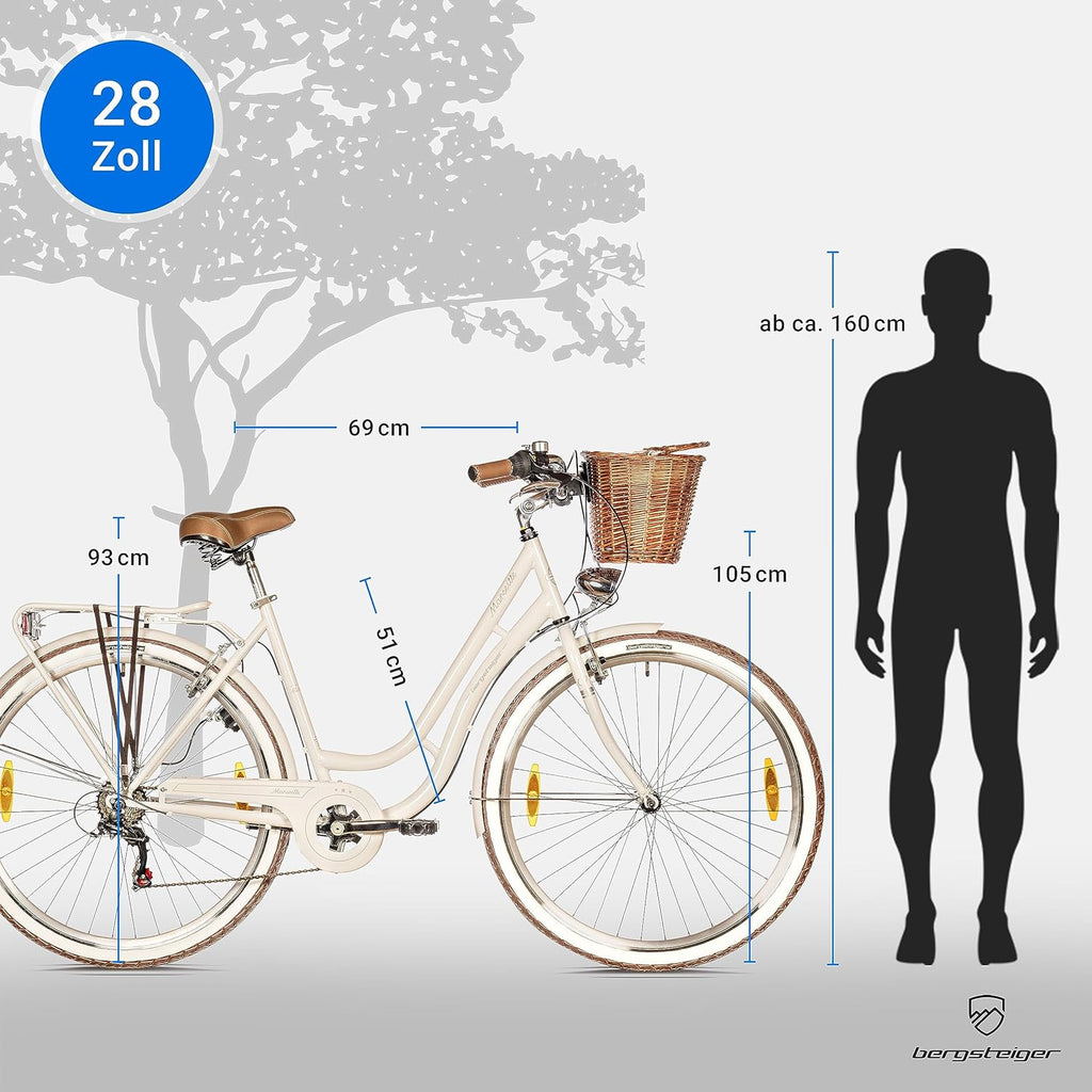 Bergsteiger Marseille 26, 28 pulgadas, bicicleta de paseo para mujer, a partir de 150 cm, cesta de mimbre, luz para bicicleta, bicicleta urbana para mujer, bicicleta de mujer con diseño retro, cambio Tourney de 6 velocidades, cambio de marchas por cadena