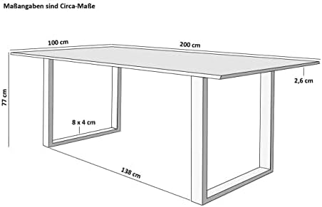 Mesa de comedor SAM B-Ware 200x100 cm Mundra, mesa de madera de acacia con borde natural, maciza y color natural, base en U de metal negro, mesa de comedor con borde de árbol auténtico