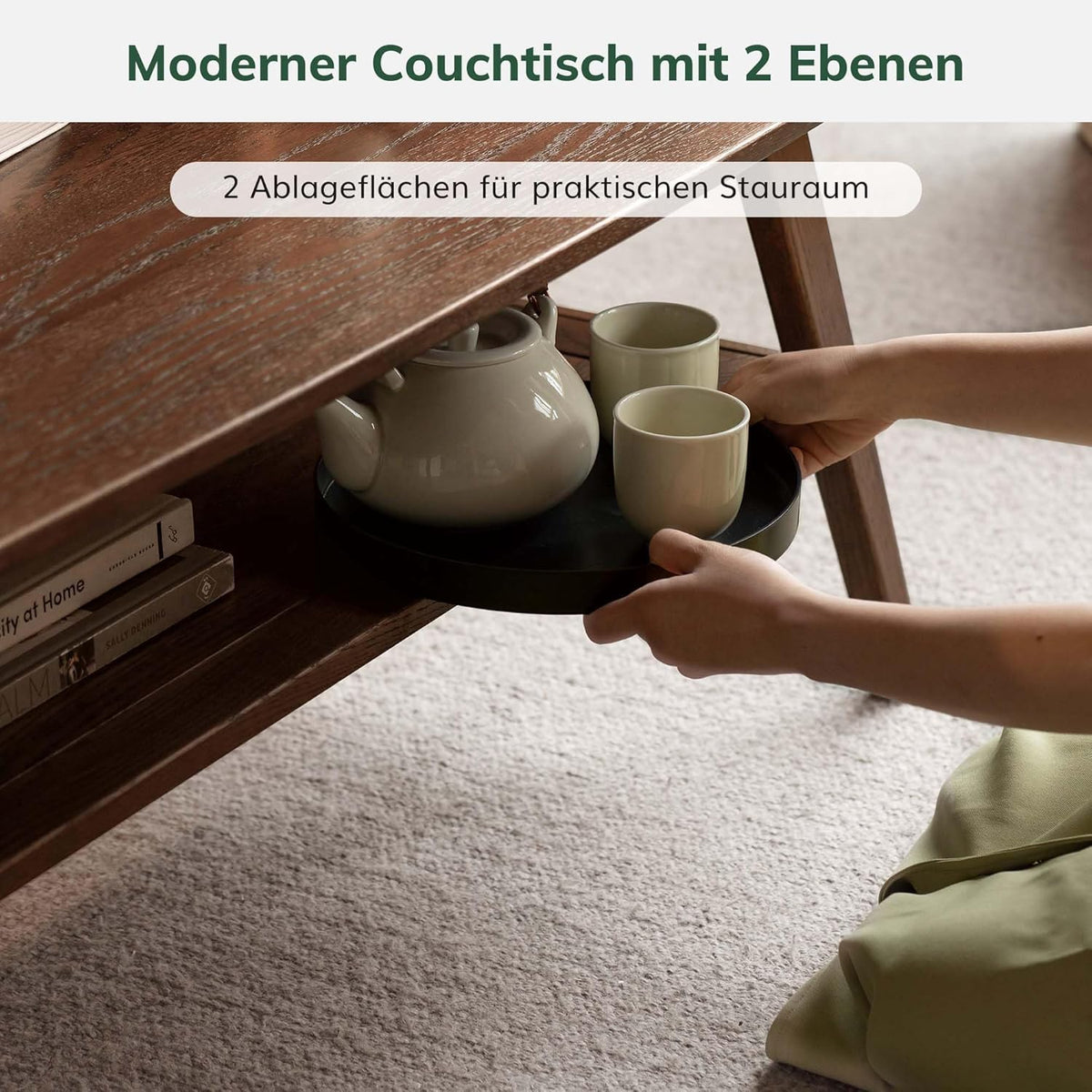 Mesa de centro YESWOOD de madera maciza de roble, mesa de salón con 2 niveles y espacio de almacenamiento, mesa de sofá para sala de estar, 80 x 50 x 44 cm, color nogal