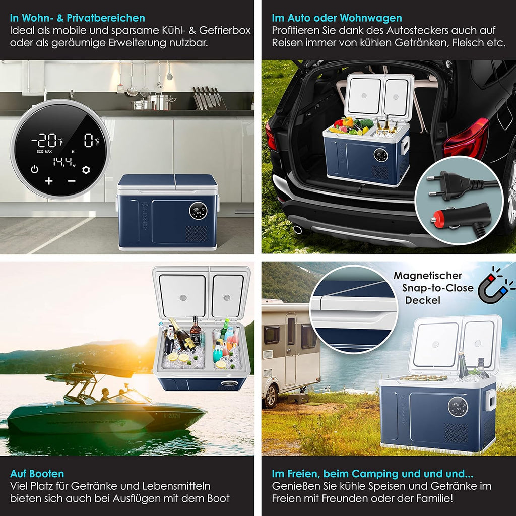 Nevera portátil con compresor KESSER 2 en 1 de doble zona, refrigeración y congelador eléctrico con 2 acumuladores de frío y panel táctil LED | Refrigerador con enfriamiento hasta -20 °C para camping, coche, camión 12/24V 230V