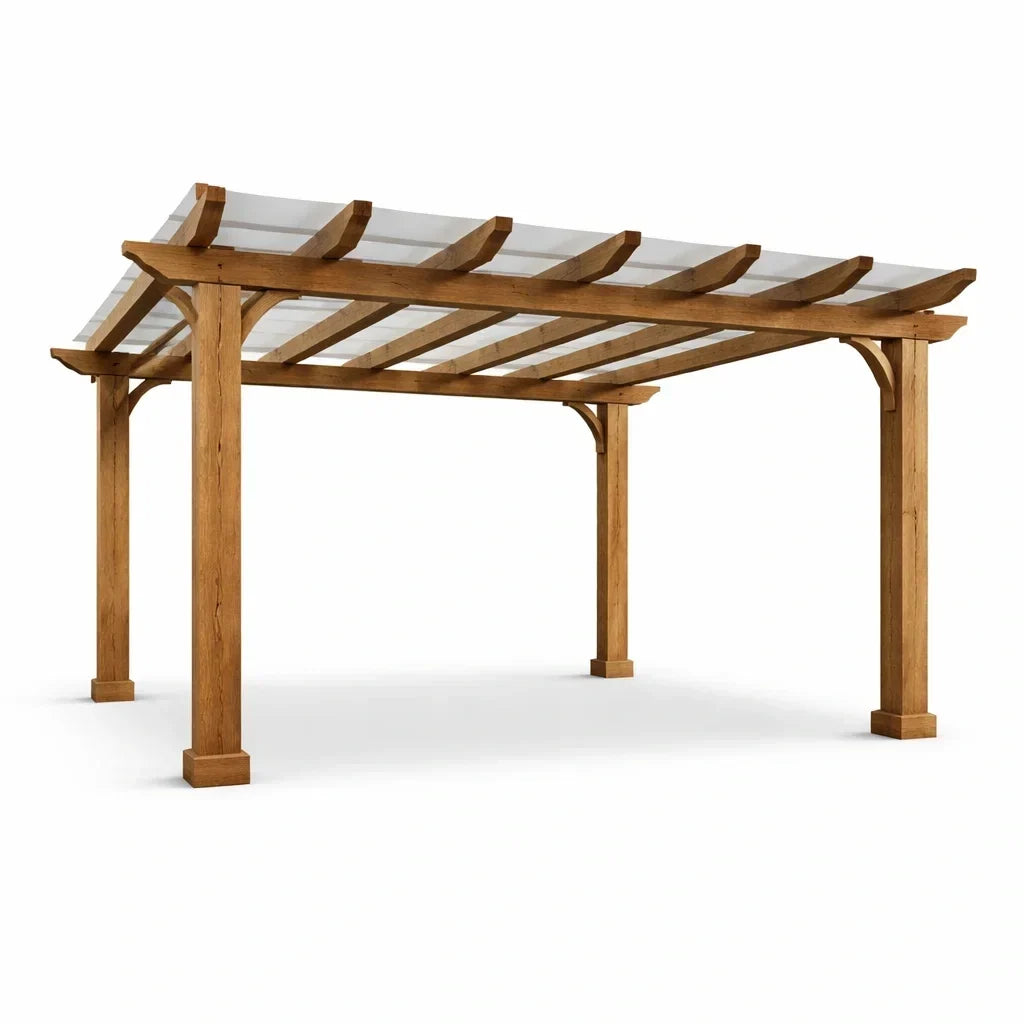 Pérgola de madera con techo de cristal templado marrón