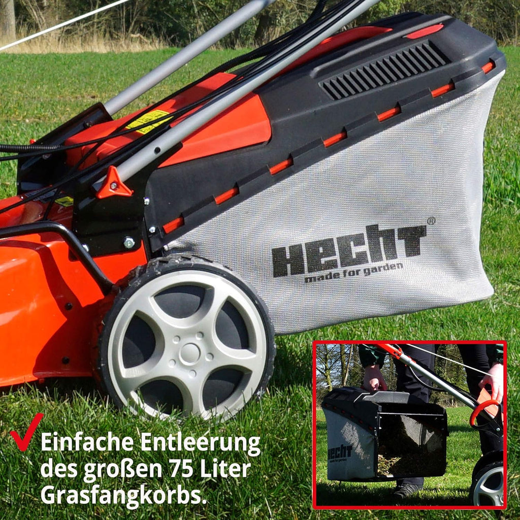 Cortacésped de gasolina 5 en 1 HECHT: potente motor Eco de 4 tiempos de 4,4 kW (6,0 CV), arranque eléctrico, ancho de corte de 53 cm, cesta colectora de 75 l, tracción a las ruedas, ruedas patentadas, función de mulching