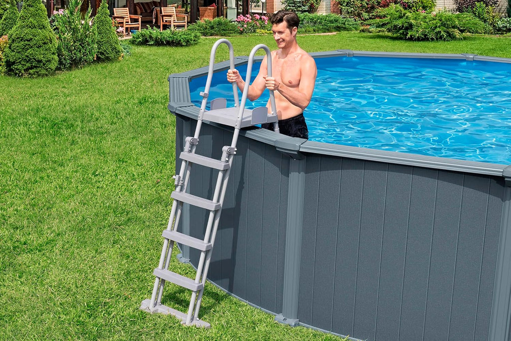 Set completo de piscina con pared de acero Bestway Hydrium redonda 488 x 132 cm, efecto madera gris, piscina de jardín, piscina elevada, filtro de arena