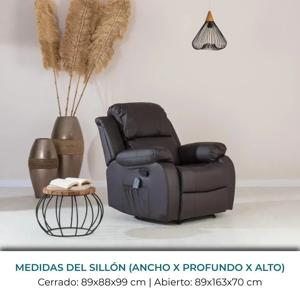 Don Descanso - Sillón Relax Masaje Calor Trevi Negro Reclinable 160º con 8 Motores Silenciosos, Calor Lumbar, Sistema de Masaje de 4 Zonas y Acabado en PU Anti-Cuarteo [Incluye Mando]. Ideal para Personas Mayores