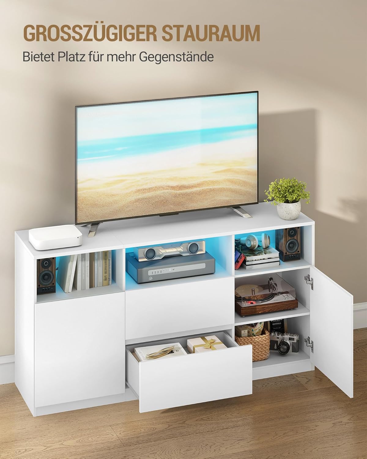 Mueble de TV Hzuaneri con iluminación LED RGB (25 colores), soporte de televisión para pantallas de hasta 65 pulgadas, aparador con 2 cajones y 3 compartimentos abiertos, para salón y dormitorio, blanco TV17003XEU