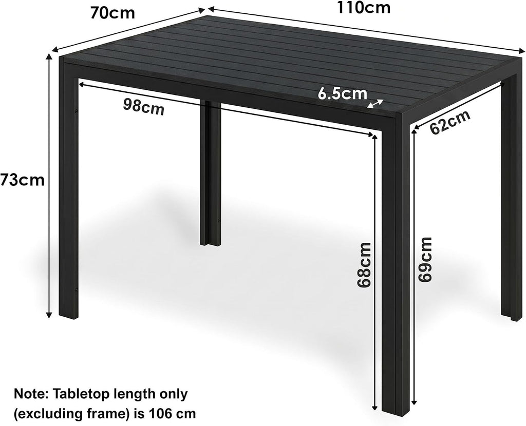 Mesa de jardín LIFERUN 110x70 cm con marco de aluminio - Mesa de balcón rectangular de WPC para 4-6 personas, mesa de terraza resistente a la intemperie y a los rayos UV, mesa de comedor exterior moderna con aspecto de madera, negro