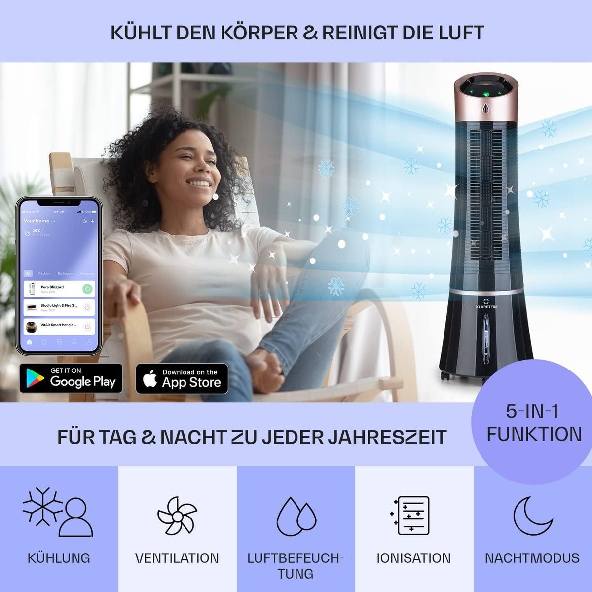 Klarstein 4 en 1: Enfriador de aire inteligente, ventilador, humidificador e ionizador I Depósito de agua de 6 L, oscilación, 30 W, 210 m³/h, temporizador I Aire acondicionado sin tubo de escape, aire acondicionado portátil, negro-oro rosa