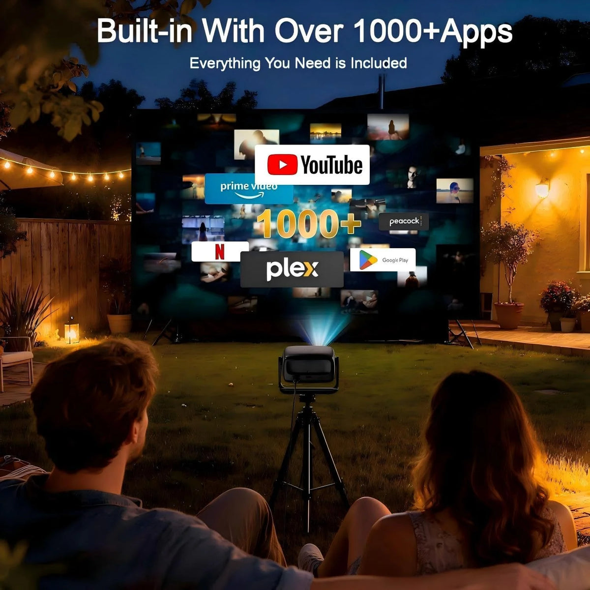 Beamer 4K Android 14.0, 30000 Lumen Projektor Kinowy, Automatyczne Ustawianie Ostrości i Korekcja Trapezu, Bluetooth 5.4 i WiFi 6, Rozmiar Projekcji 30–220 Cali, Kompatybilny z iOS/Android/TV Stick