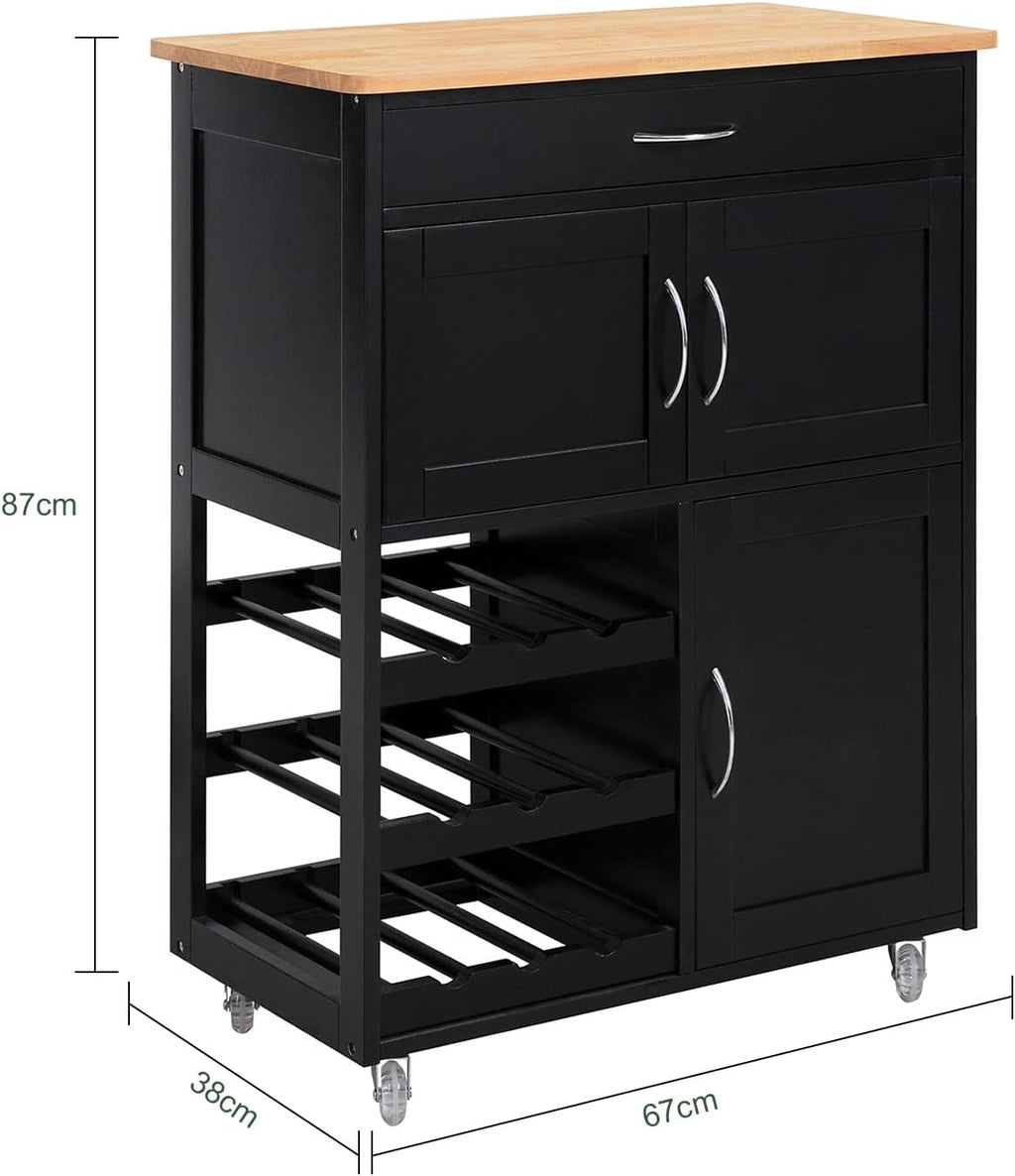 SoBuy Carrito de servicio con ruedas, carrito de cocina con encimera, carrito auxiliar con cajones, botellero, isla de cocina, estante de cocina de pie, mueble para cocina, comedor y exterior, negro, 67x86x38 cm, FKW45-SCH