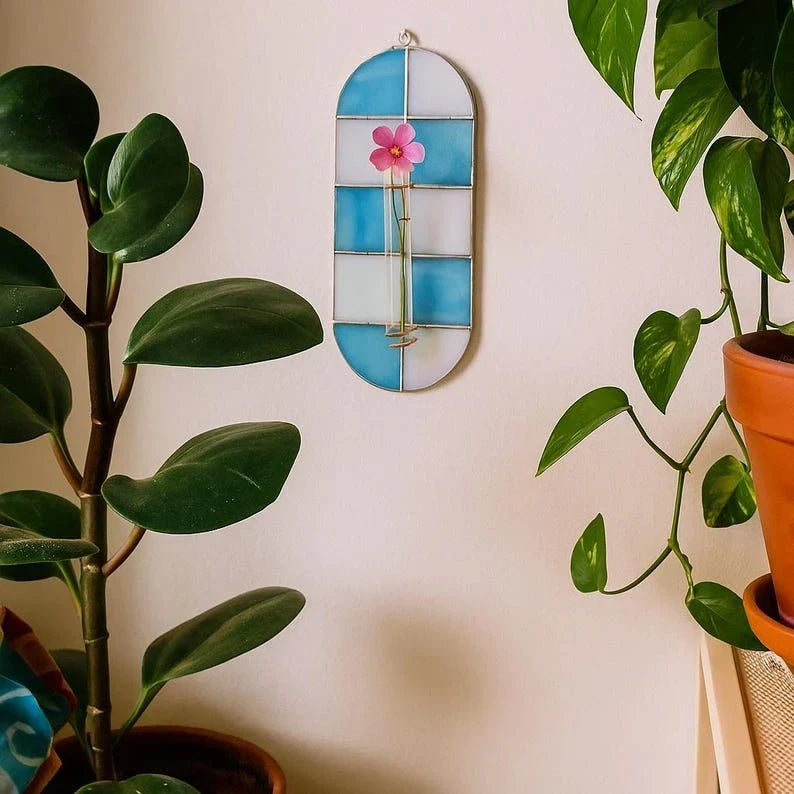 Florero de pared con tubo de ensayo, vidrio de colores, azul turquesa y blanco ópalo, Colección Funky, estación de propagación