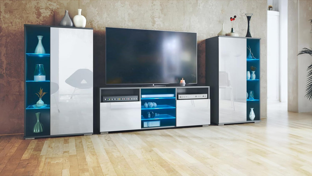 Mueble de salón Vladon Davos, compuesto por 2 vitrinas y 1 mueble para TV, antracita mate/blanco brillo, incl. iluminación LED (329 x 134 x 35 cm)