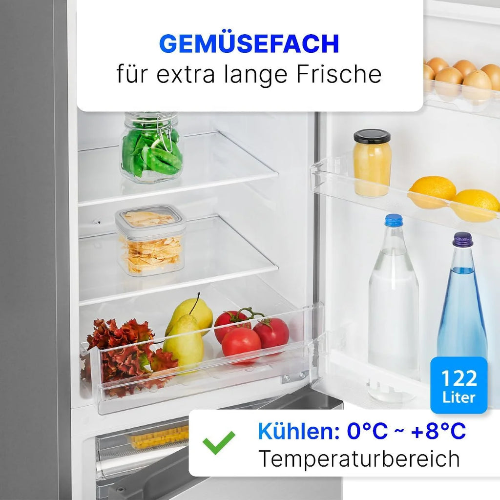 Bomann KG322-1-stal nierdzewna 175L Lodówka i zamrażarka, Pojemność netto 175 litrów, płynna regulacja temperatury, zawiasy drzwi po prawej stronie, wymienne, regulowane nóżki