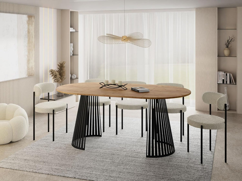 Mesa de comedor redonda extensible WFL GROUP con diseño de listones estilo loft – 100 a 180 cm – Mesa industrial con patas de metal negro, ahorradora de espacio para salón o comedor – Marrón
