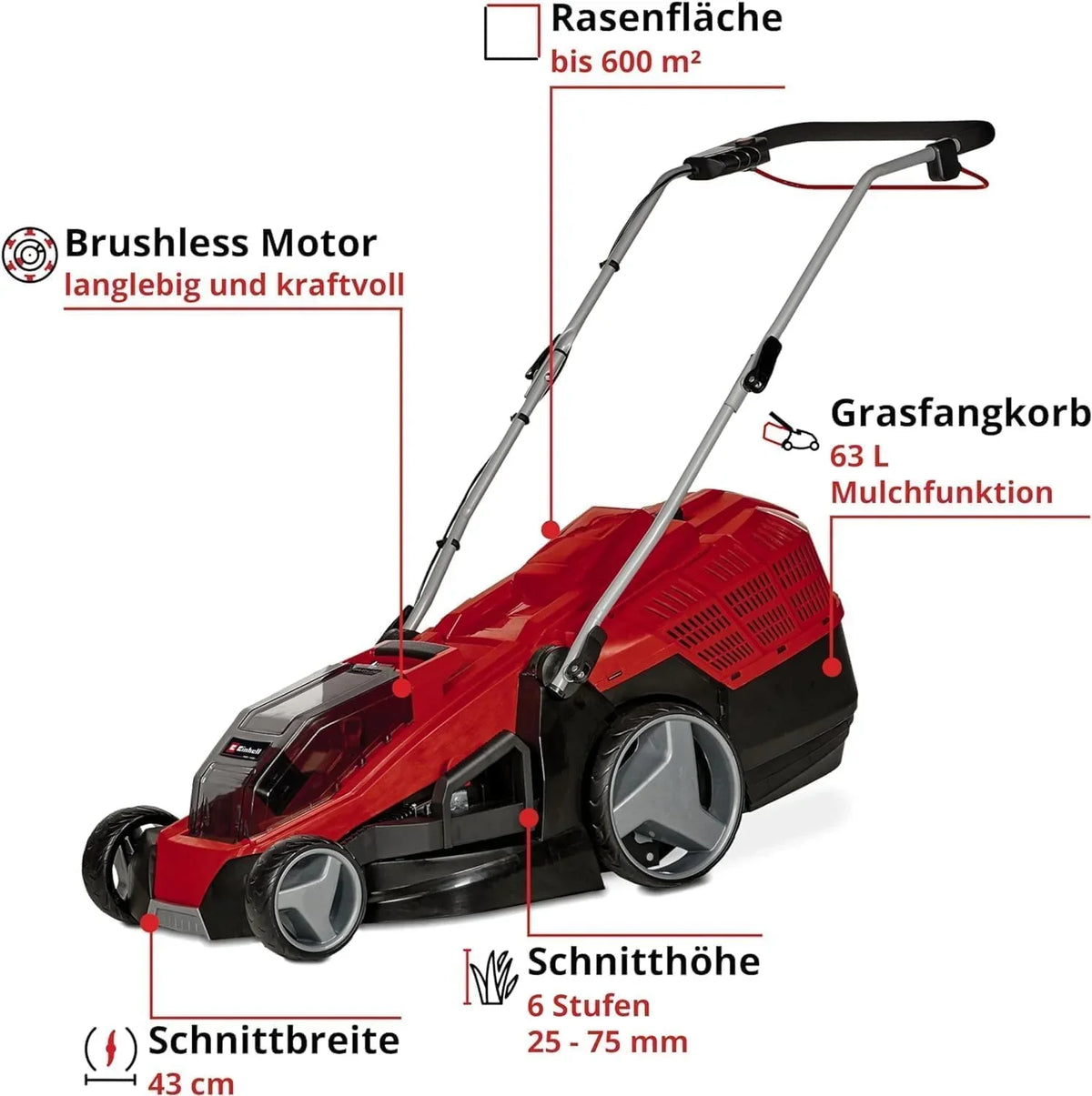 Cortacésped a batería GE-CM 36/43 Li M-Solo, ancho de corte de 43 cm, 36 V, cesta colectora de 63 l, función de mulching