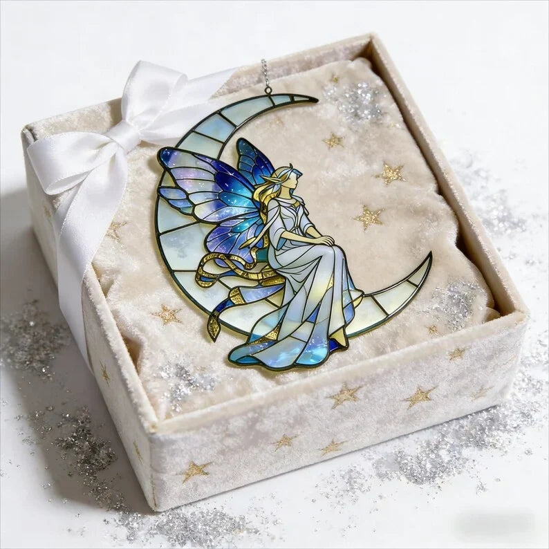 Atrapasueños de vidrieras de hada de la luna, decoración celestial para cuarto de niños
