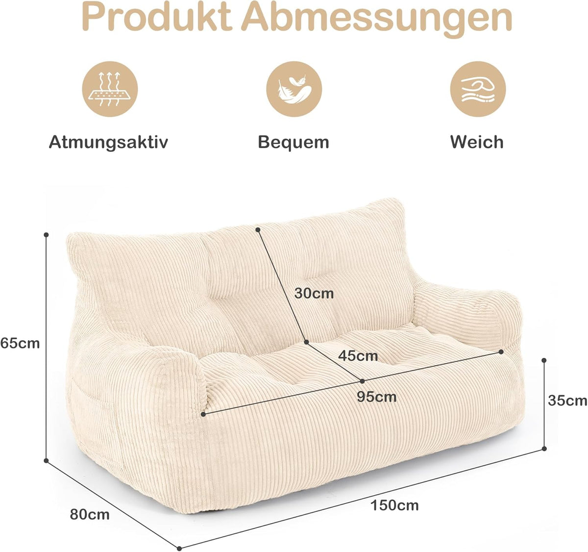 Puf Pamapic, puf para adultos con relleno, sillón doble tipo lounge con asa portátil, puf ergonómico moderno, silla tipo puf para interiores para salón, dormitorio, sala de juegos, beige