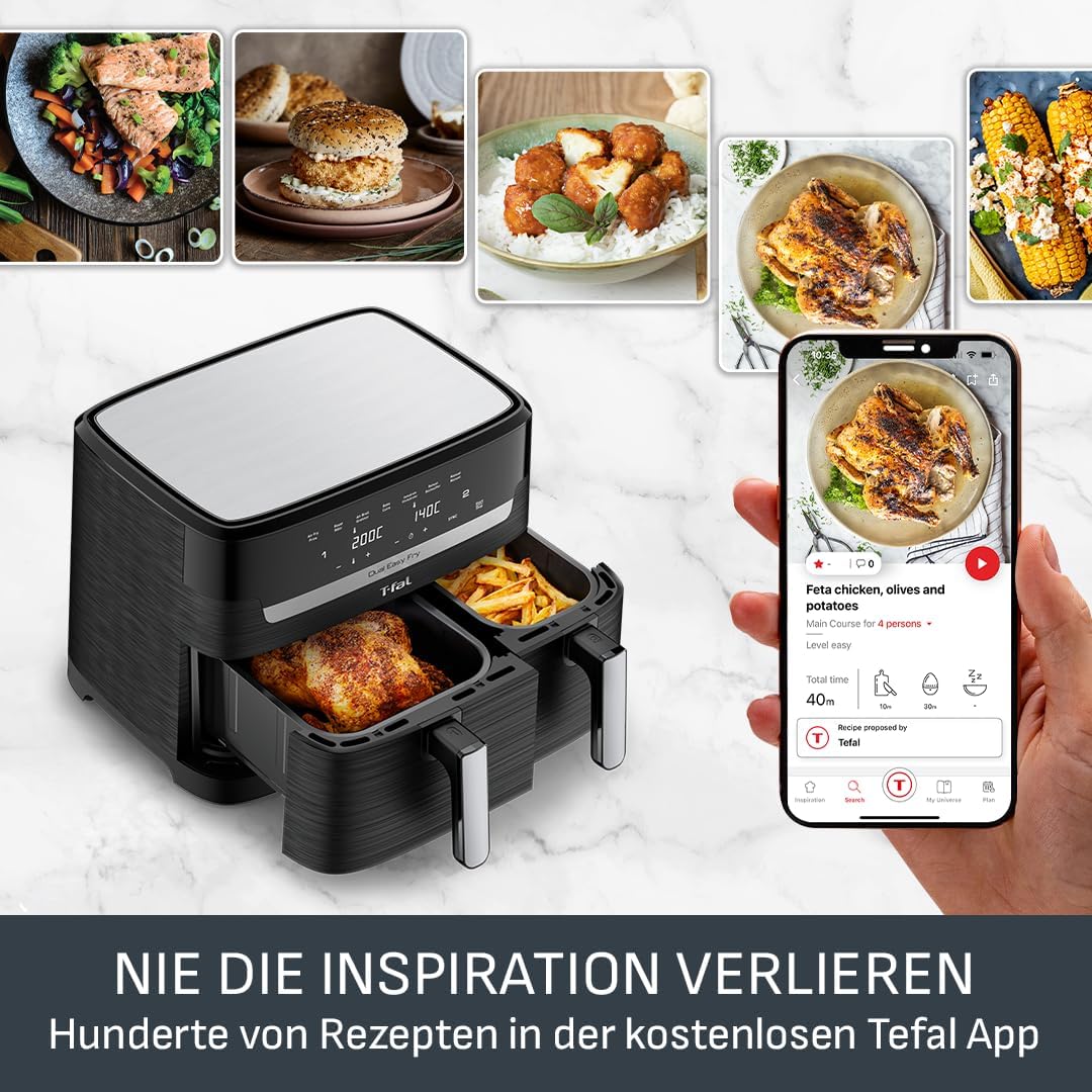 Freidora de aire Tefal Dual Easy Fry de 8,3 l: freidora de aire con 2 compartimentos y cajón XL, 7 programas, 2700 W, tecnología Extra-Crisp, fritura baja en grasa y ahorro de energía, apta para lavavajillas EY9018