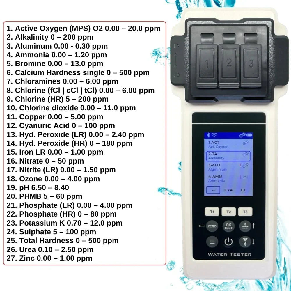 Set de análisis de agua Amblior 2.0, 27 parámetros, WiFi, Bluetooth, aplicación, equilibrador de nivel de agua, piscina, spa, jacuzzi, edición especial