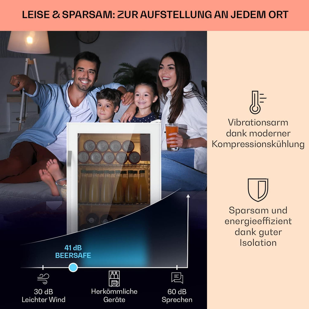 Mininevera Klarstein con puerta de cristal para habitaciones, refrigerador de bebidas con estantes ajustables, pequeño de 80 litros, frigorífico silencioso para interiores/exteriores