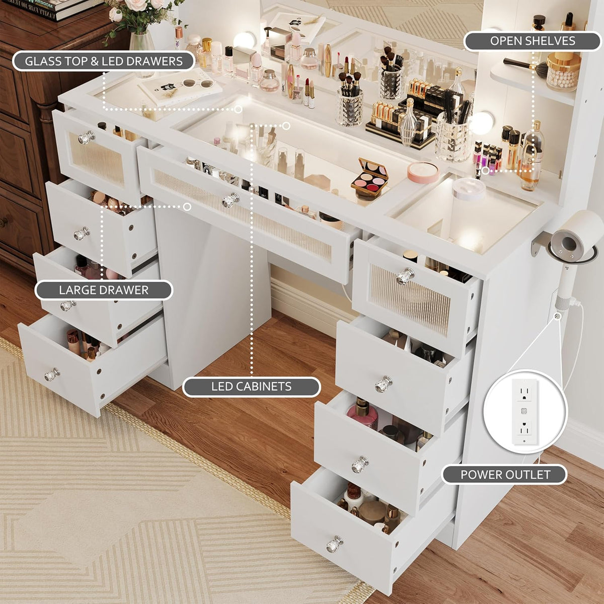 Tocador blanco con espejo iluminado de 23.5”, escritorio con cubierta de vidrio, 9 cajones, 3 colores de luces tipo Hollywood, 4 repisas, acrílico y toma de corriente, mesa de maquillaje para dormitorio