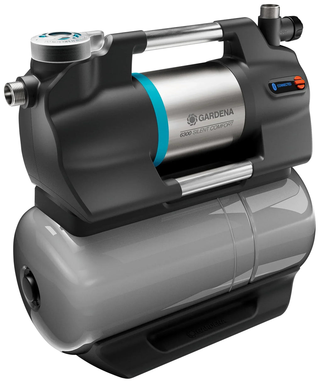 Estación de bombeo para casa Gardena 6300 SilentComfort, depósito de 25 l, filtro, 6300 l/h, protección contra marcha en seco, silenciosa, Bluetooth, aplicación 9068 20