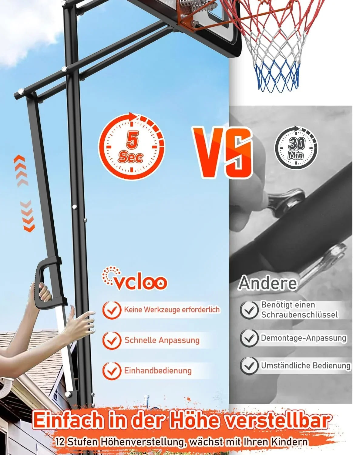 Canasta de baloncesto para exterior, ajustable en altura de 145 a 305 cm, tablero de 110x75 cm, con saco de lastre, soporte LM052