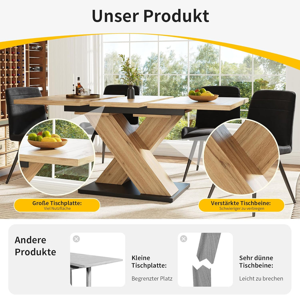 Mesa de comedor extensible con patas en forma de X para 4-6 personas, mesa de cocina y comedor con tablero de madera veteada, mesa de comedor extensible, 119-158.8x80x75 cm, color madera