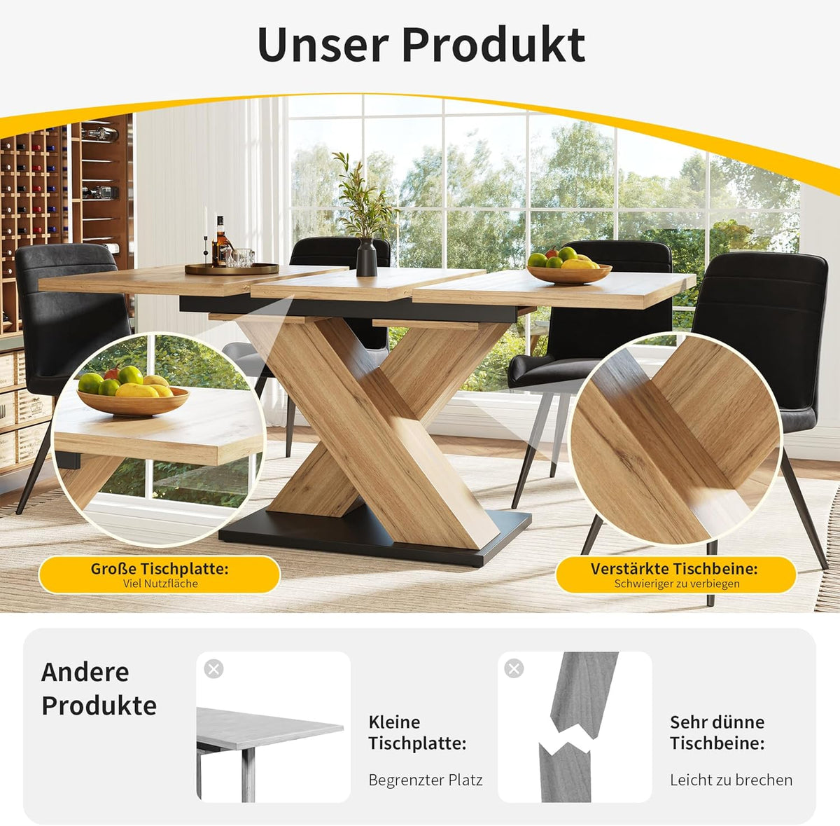 Mesa de comedor extensible con patas en forma de X para 4-6 personas, mesa de cocina y comedor con tablero de madera veteada, mesa de comedor extensible, 119-158.8x80x75 cm, color madera