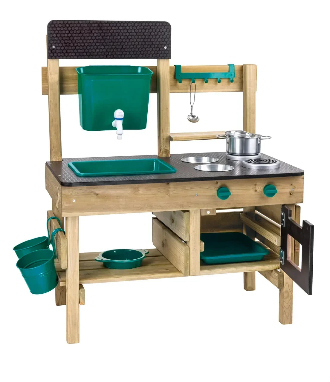 Cocina de juguete para exteriores E3193 de madera de pino para niños a partir de 3 años con fogones, horno, fregadero, depósito de agua y accesorios de cocina