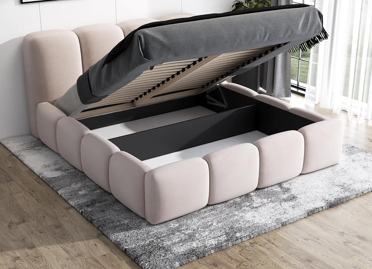 Cama tapizada A&J MöbelLand 140x200 con arcón y somier – Sonic, cama con colchón y almacenamiento en beige