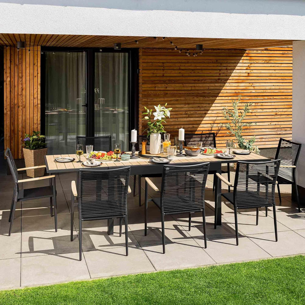 Mesa de jardín extensible di volio Galipo 135-270 cm – Mesa de terraza de aluminio resistente a la intemperie para 6-12 personas – Mesa de comedor con aspecto de madera y patas ajustables (beige)