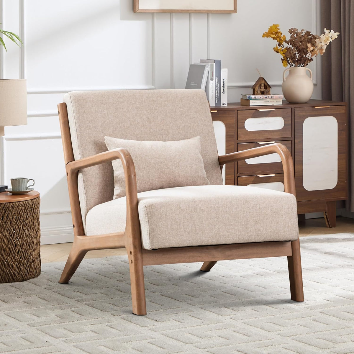 Sillón decorativo EBELLO con cojín, sillón tapizado moderno de mediados de siglo para sala de estar, sillón orejero con estructura de madera y apoyabrazos, sillón de lectura con capacidad de carga de hasta 150 kg, beige