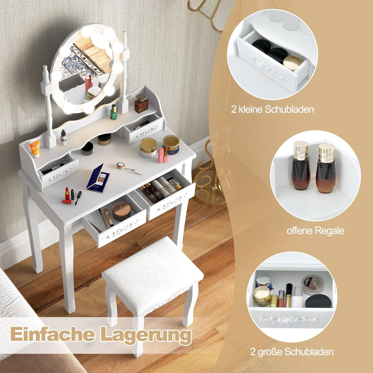 Tocador COSTWAY con iluminación LED, brillo  ajustable, mesa de maquillaje con 4 cajones, taburete y espejo giratorio de 360°, mesa de cosméticos para dormitorio (blanco)