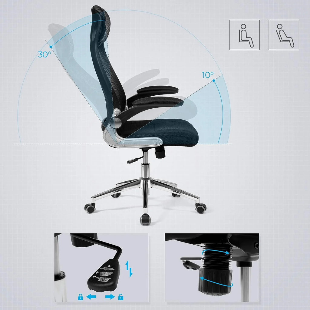 SONGMICS fotel biurowy, ergonomiczny z siatki, odchylane podłokietniki