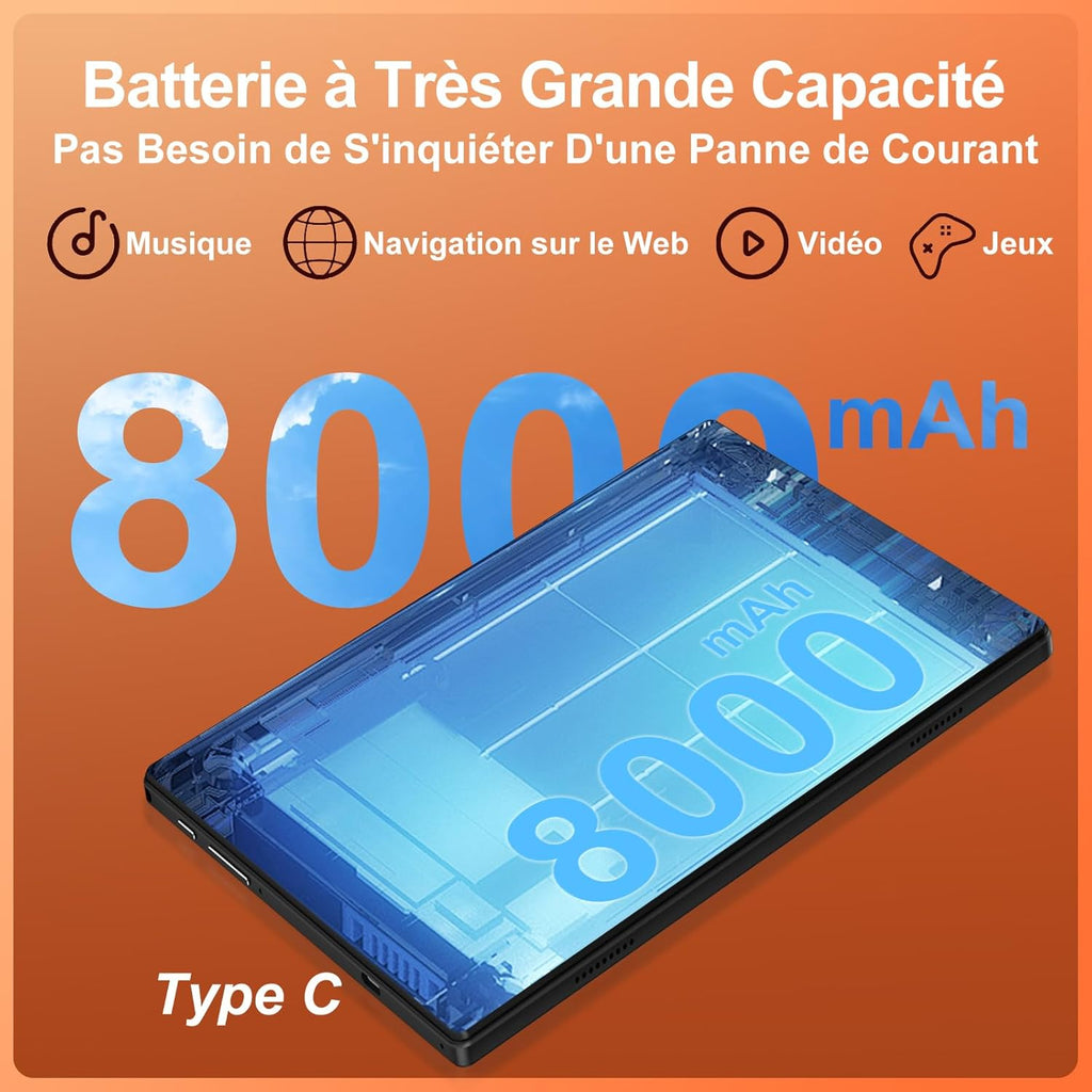 Tableta Android 15 de 2025, 10 pulgadas, pantalla IPS HD, [30 GB RAM] 128 GB + TF 1 TB - Octa-Core, 8000 mAh, cuerpo de metal integrado, 5 MP + 8 MP, WiFi 6, reconocimiento facial, Widevine L1 - Tableta con teclado y ratón - Negro