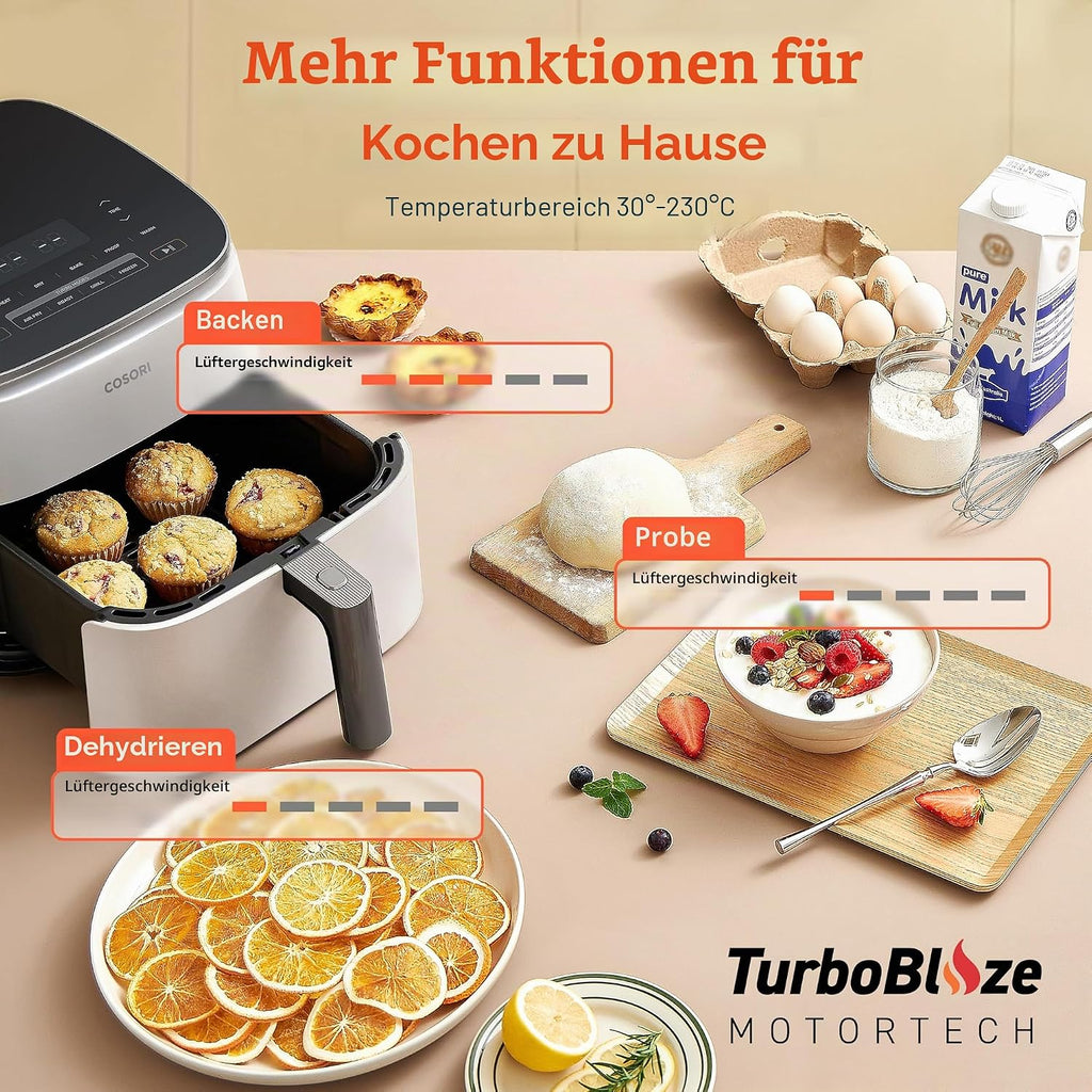 Freidora de aire COSORI Turbo Blaze, 6 l, 46% más rápida, con motor de CC, freidora sin aceite 9 en 1 con 117 recetas, apta para lavavajillas, freír, hornear, asar, deshidratar, blanca