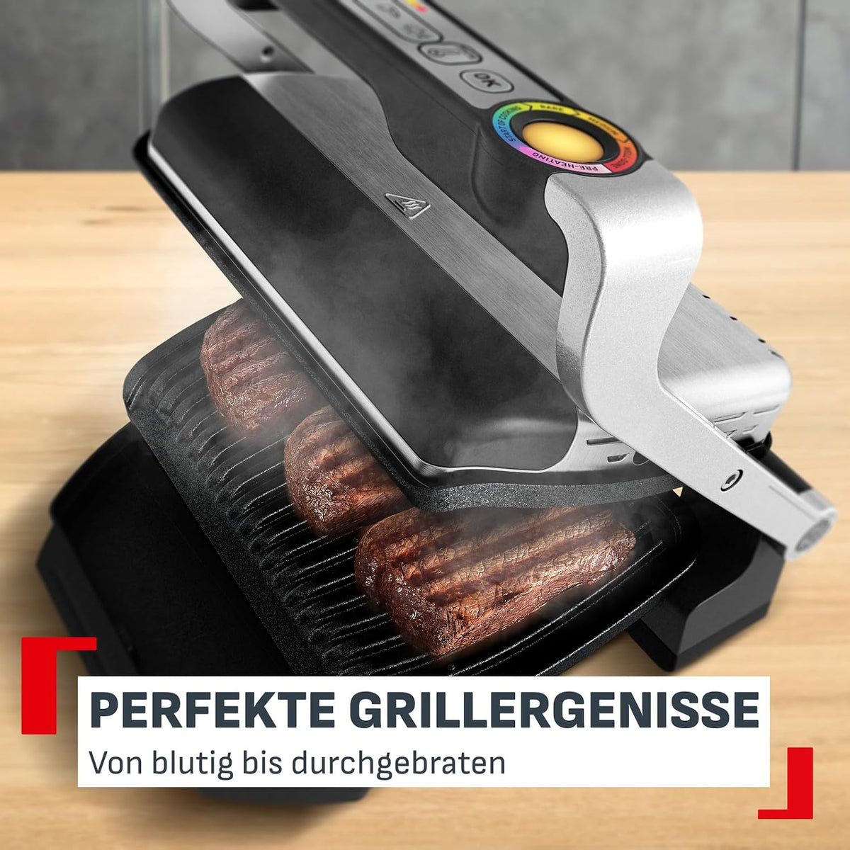 Tefal OptiGrill+ Parrilla de contacto, 6 programas, indicador de nivel de cocción, placas extraíbles, modo manual, resultados de asado óptimos gracias a la medición del grosor, parrilla eléctrica, acero inoxidable, GC712D12