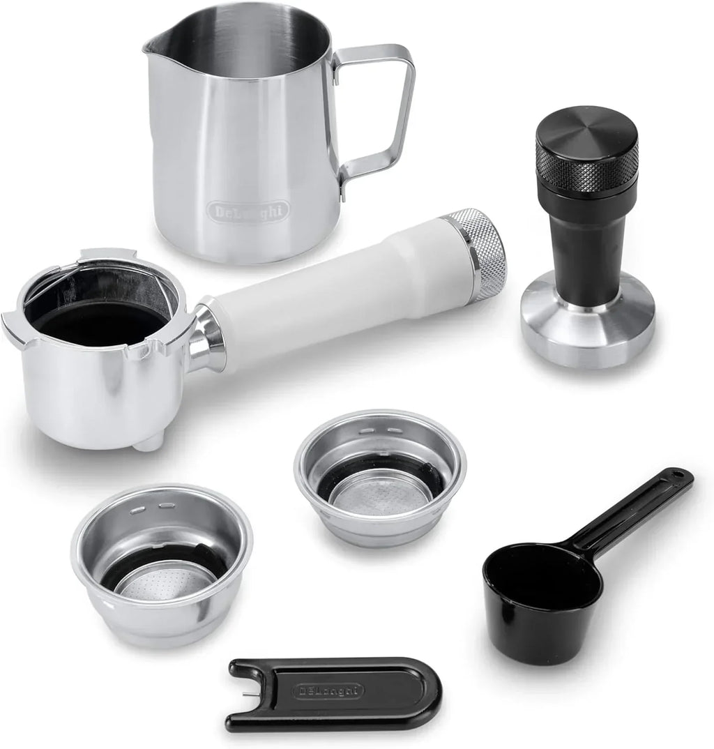 De'Longhi Dedica – Cafetera de bomba de acero inoxidable para café molido o monodosis, espresso y capuchino, depósito de 1,3 litros, sistema antigoteo, modelo EC685.M, color metal