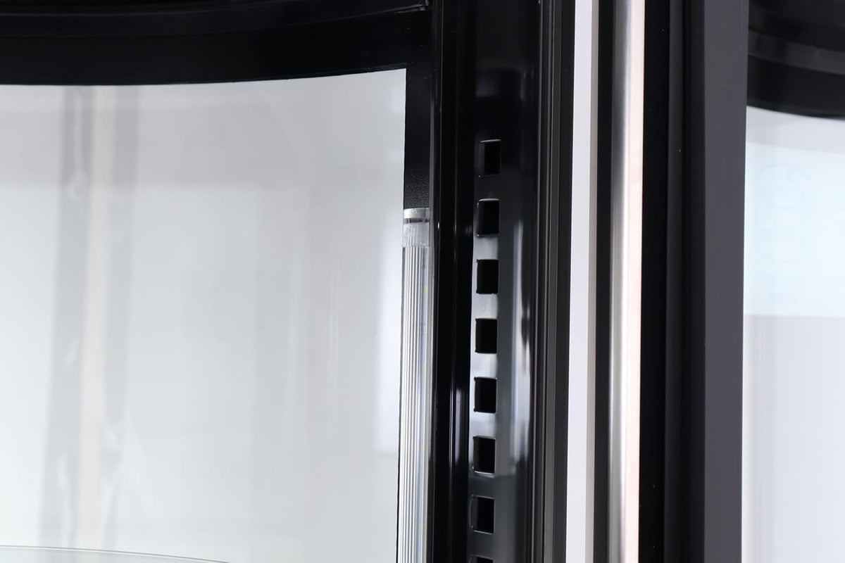 Vitrina refrigerada METRO Professional GRV1100, para hostelería, acero inoxidable/vidrio, 100 L, refrigeración por aire forzado, 490 W, indicador de temperatura,  descongelación automática, redonda, plateada, clase climática 6