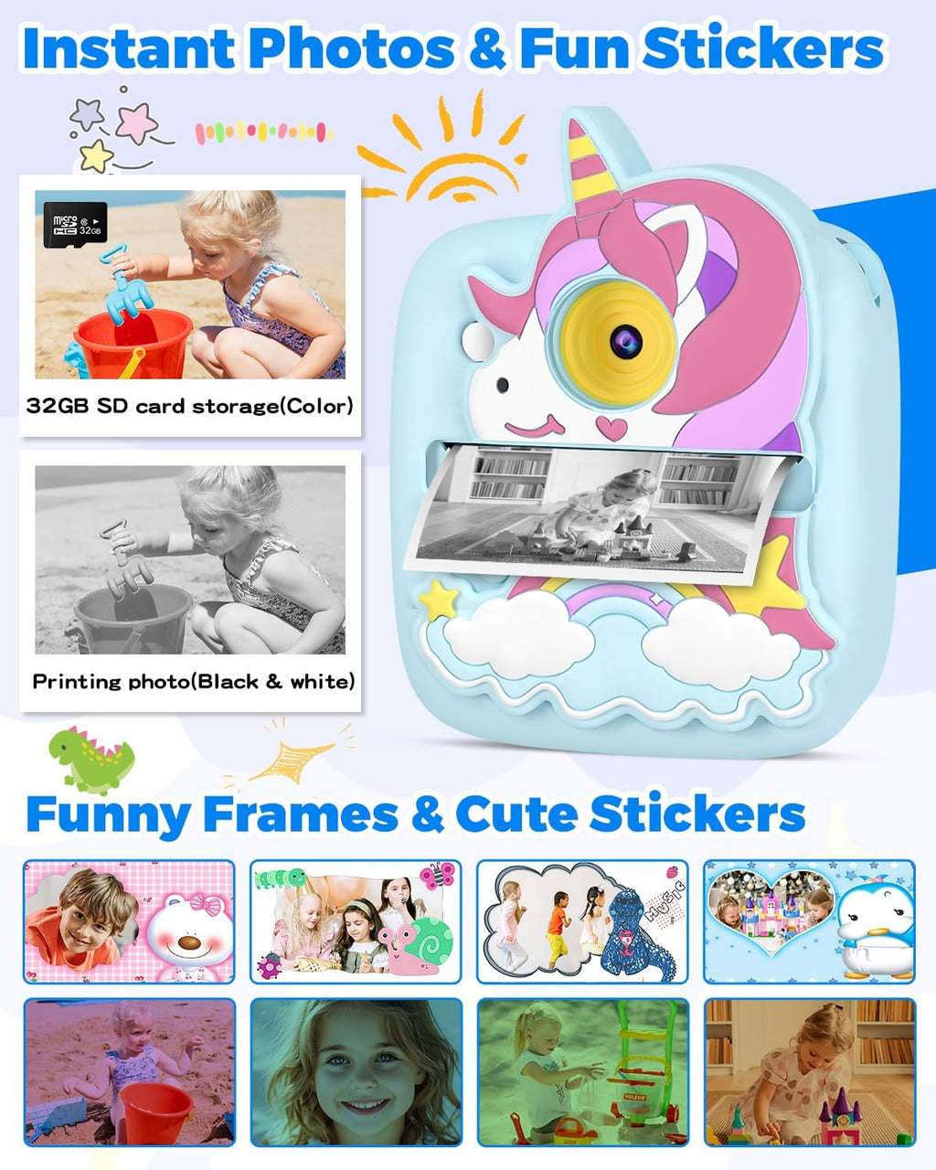Cámara de fotos instantánea para niños, cámara HD de 48 MP con papel de impresión y tarjeta de 32 GB, juguete de regalo para niños y niñas de 3 a 12 años (azul)