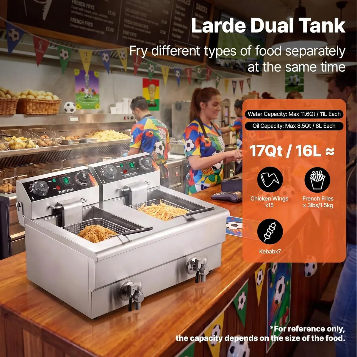 Freidora eléctrica doble de 2 x 8L 3000W, freidora de sobremesa de acero inoxidable con control de temperatura y temporizador, doble cubeta y cestas