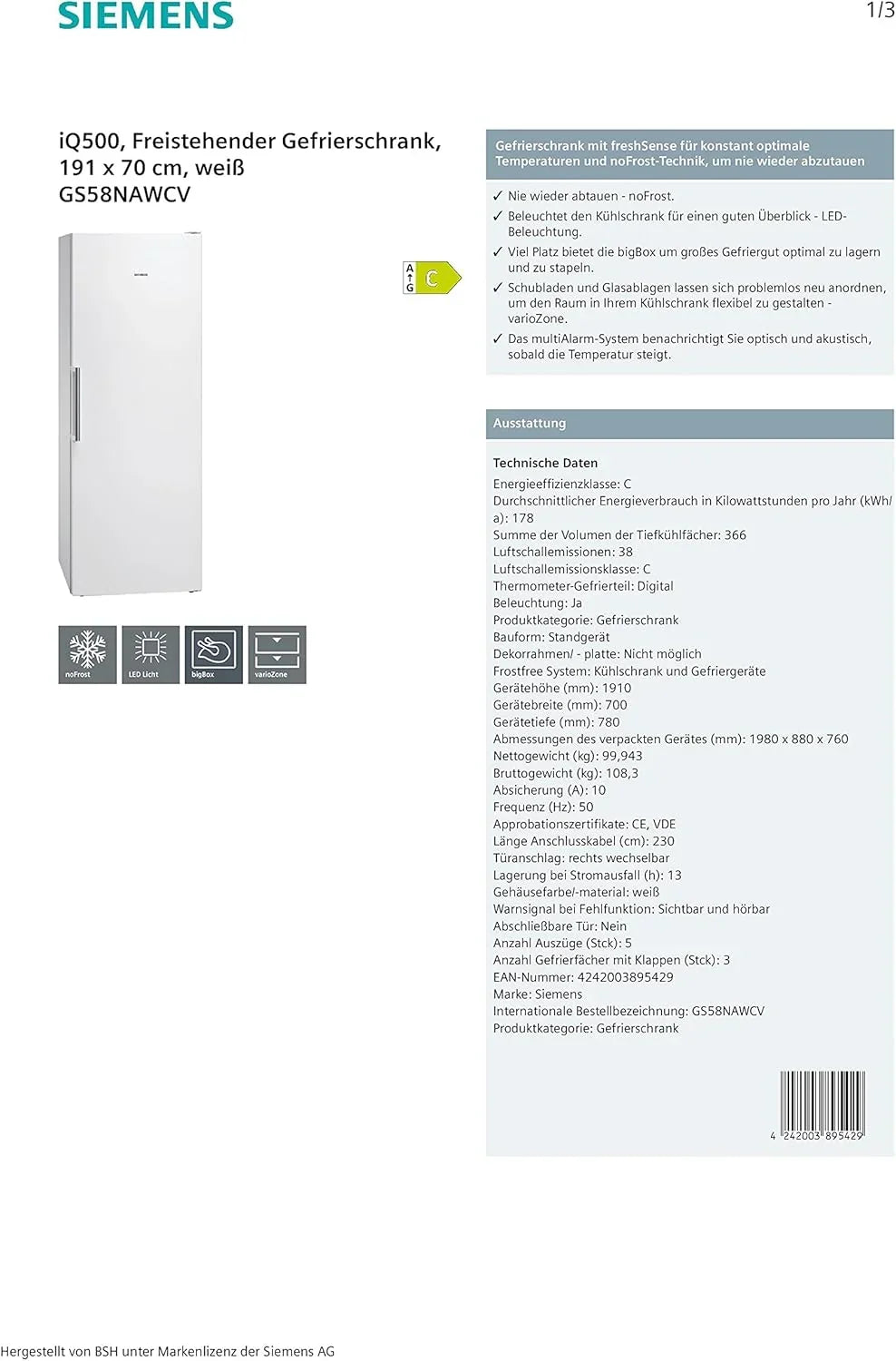 Congelador Siemens GS54NAWCV iQ500, 176 x 70 cm, 327 L, noFrost nunca más volver a descongelar, bigBox espacio para alimentos congelados grandes, varioZone estantes y cajones de cristal flexibles, Blanco