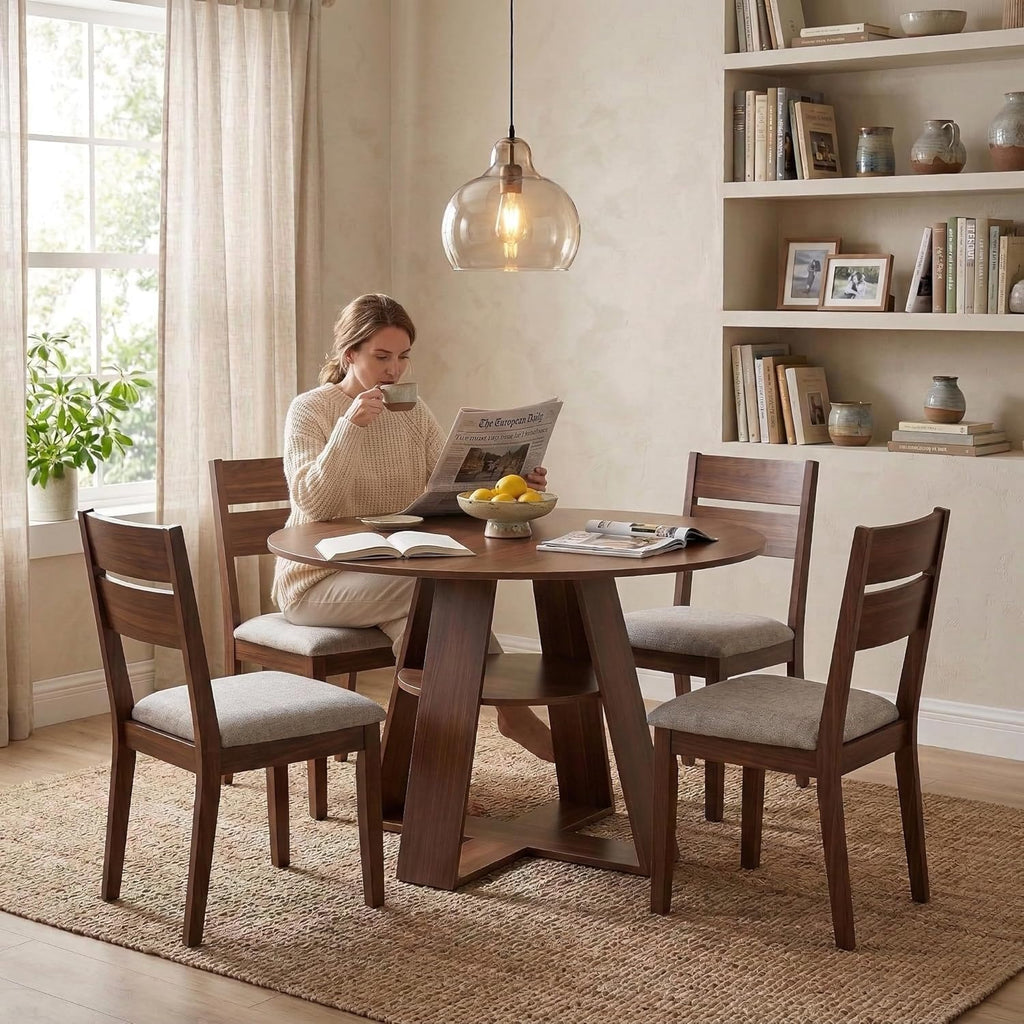 Mesa de comedor redonda extensible, mesa de comedor extensible blanca 100-140x100x75 cm, mesa extensible de comedor para 2-8 personas, mesa de cocina con tablero extraíble, estructura de madera con estante, nogal