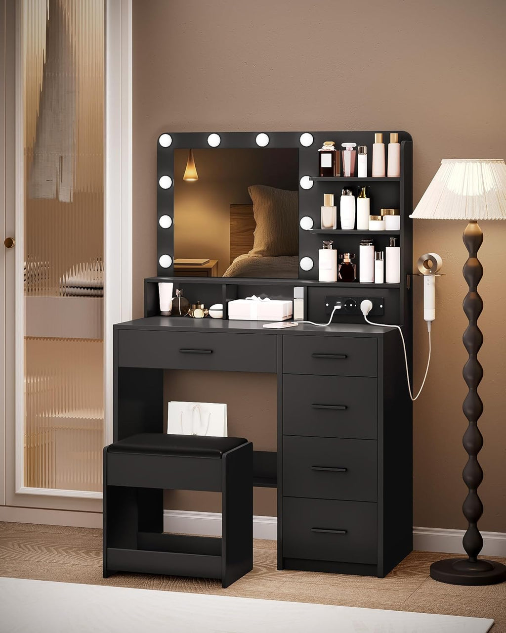 Tocador Hzuaneri con 10 luces LED, taburete, mesa de maquillaje con espejo grande, tocadores con enchufe, soporte para secador de pelo y varios cajones, negro, DT39006X